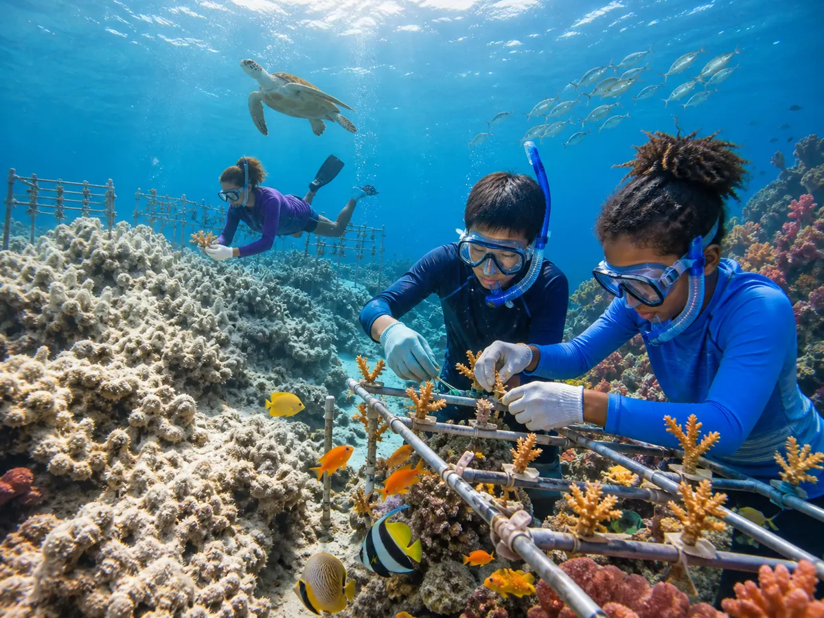 Divers restoring coral fragments on an underwater nursery frame