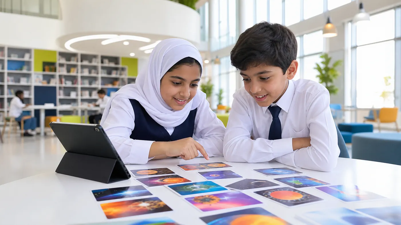 Two Grade 5 students sorting picture cards beside a tablet in a school library