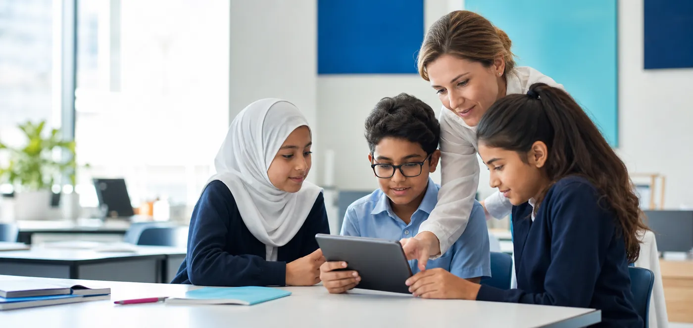 A teacher guiding three primary students working on a tablet